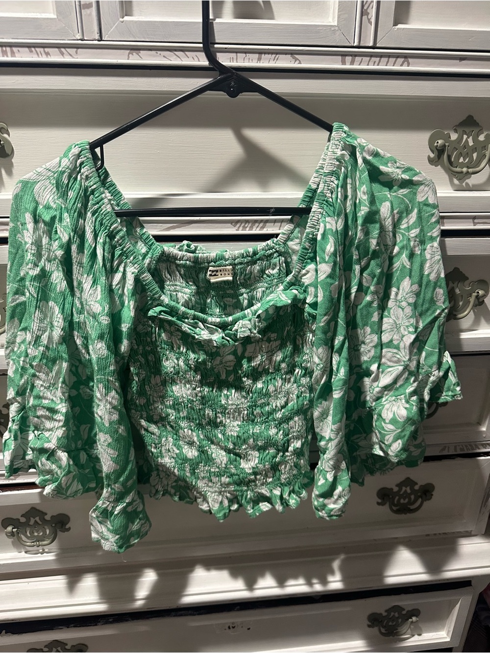 Billabong Smocked Crop Top Womens S Green White Floral Off Shoulder Boho